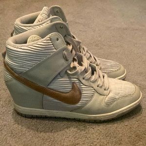Nike grey/gold Dunk sky high Air sneakers, size 10